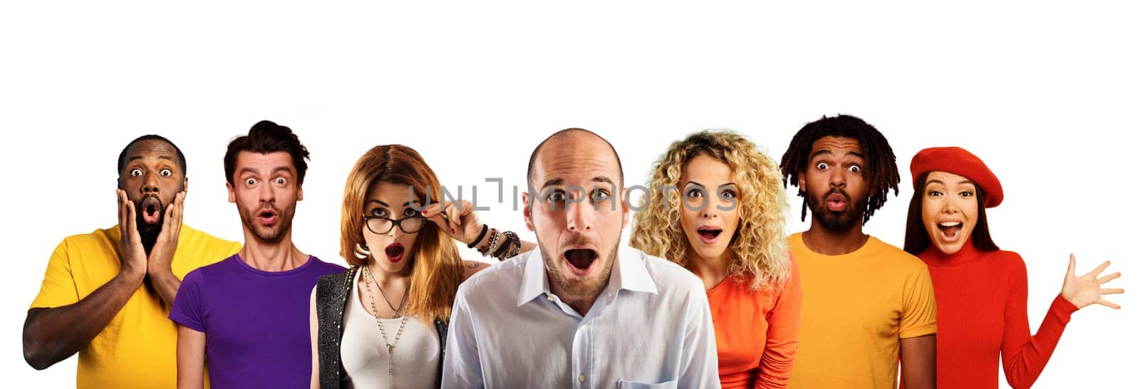 People with wondered, surprised and happy expression are shocked. Isolated on white background