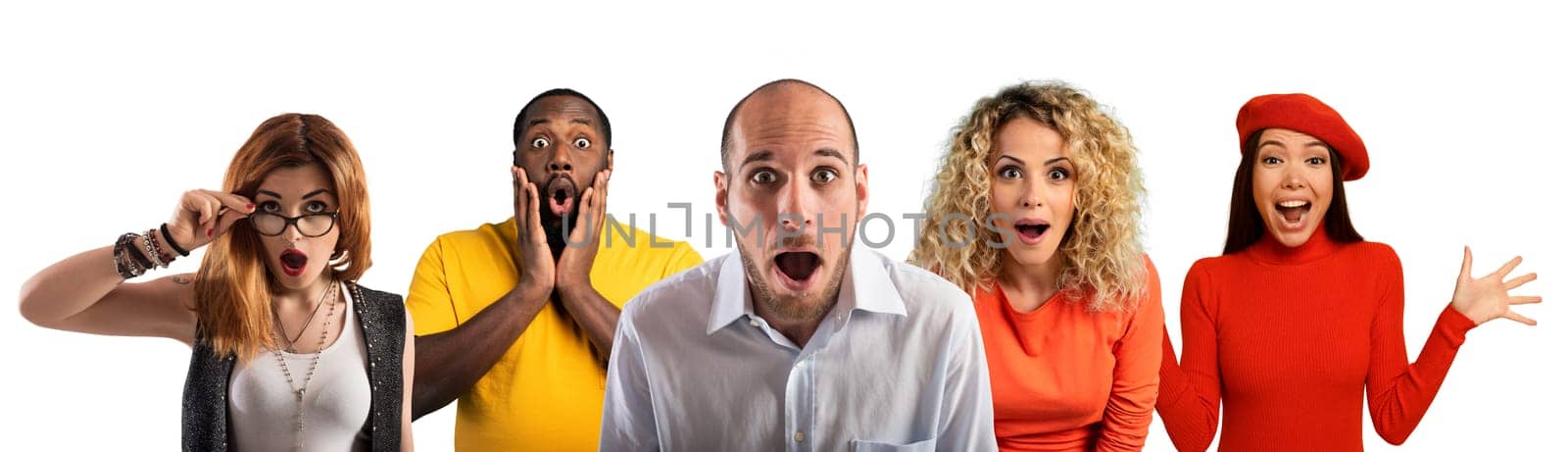 People with wondered, surprised and happy expression are shocked. Isolated on white background