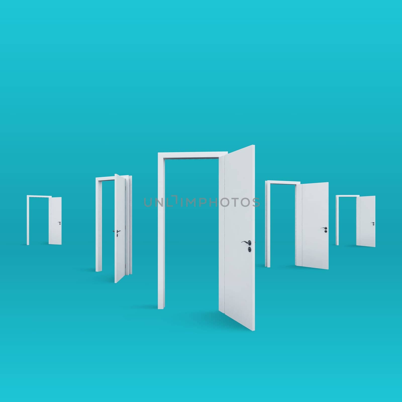 Multiple white and open doors on cyan background