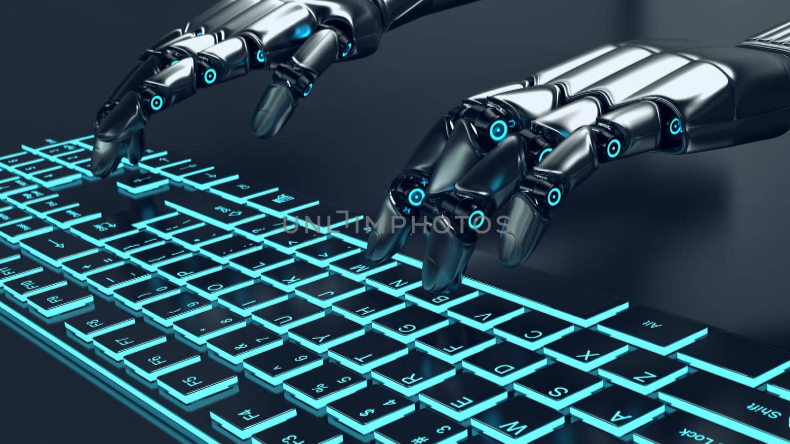 Finger of an iron robot touches a keyboard