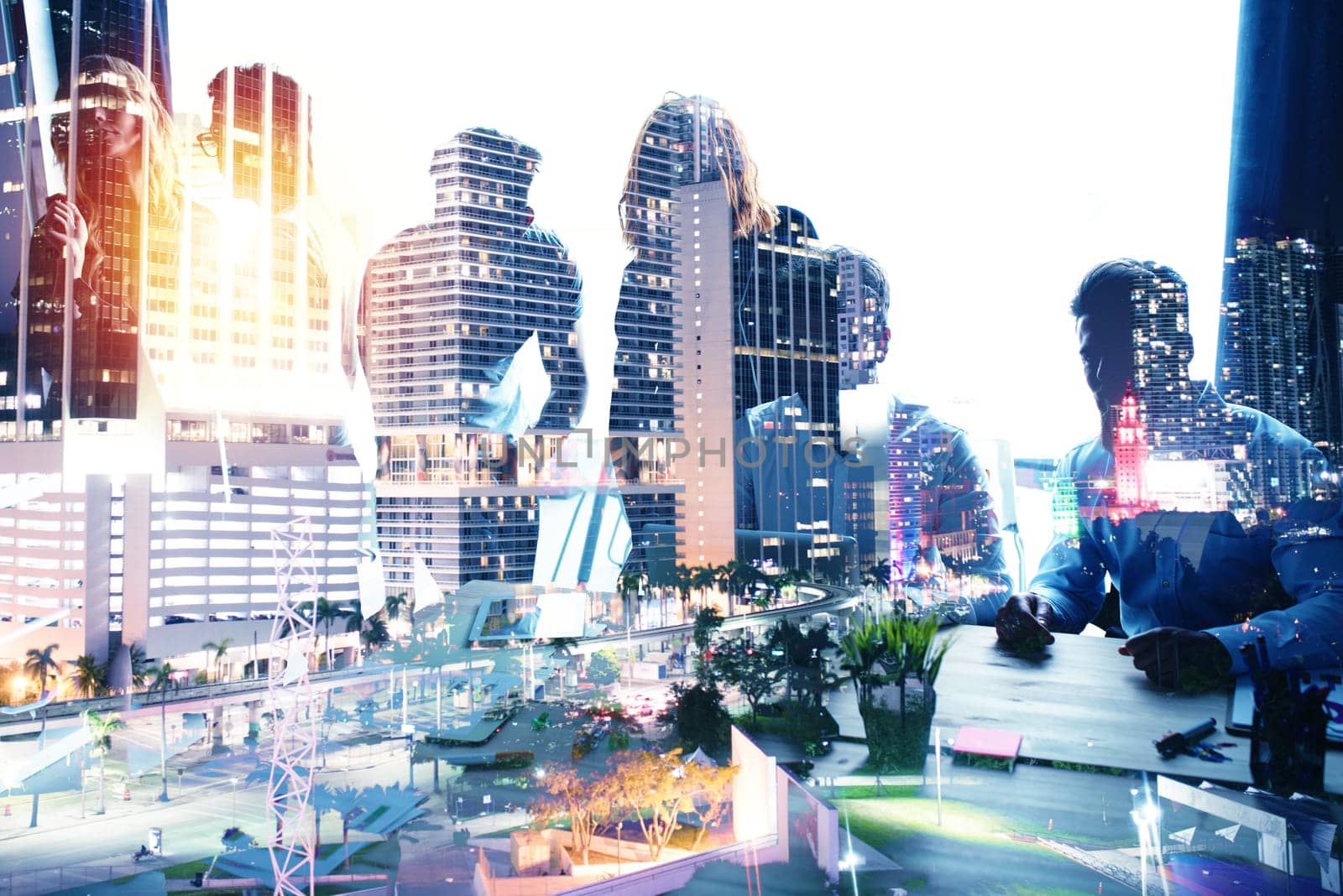 Group of business partner in office looking for the future. Concept of corporate and startup. double exposure