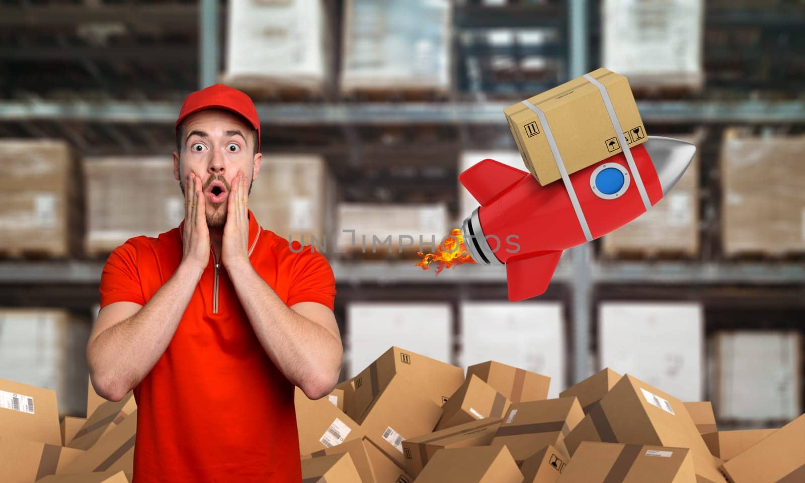 Courier has a wondered expression about a great promotion. Concept of fast delivery