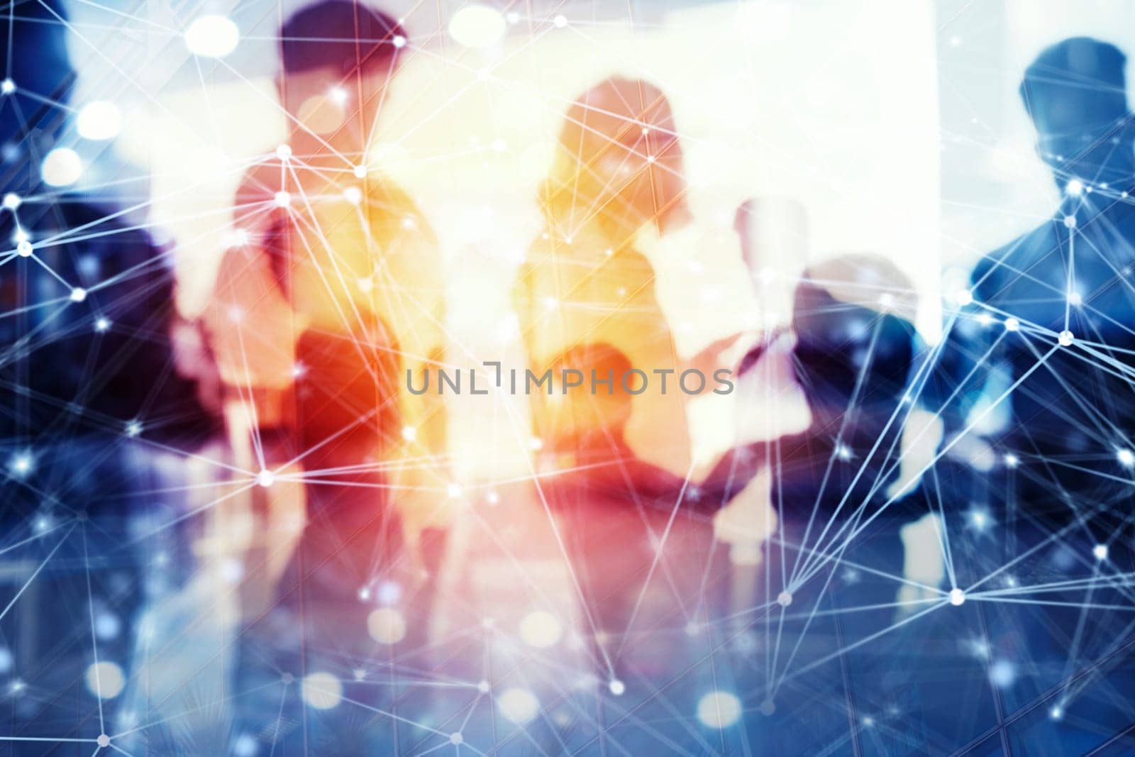 Business people work together in office with skyscraper on background with internet network effects. Concept of teamwork and partnership. double exposure