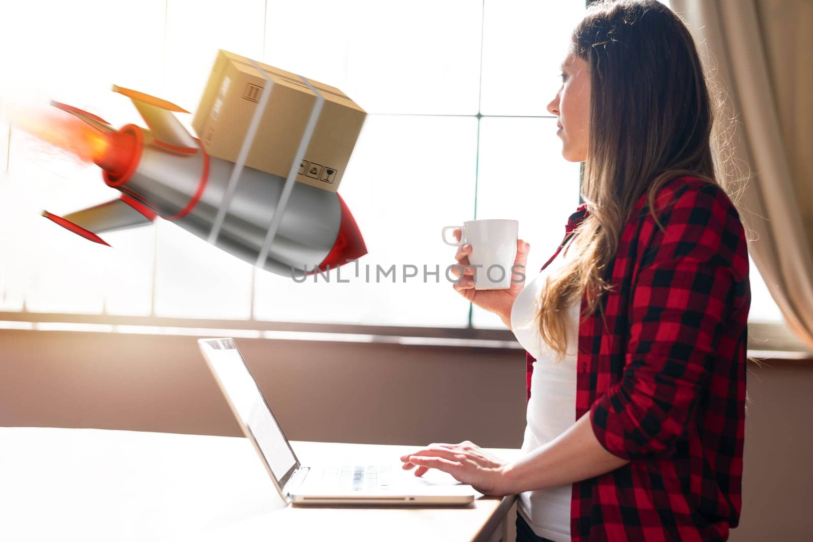 Woman does shopping through e-commerce shop. Concept of fast delivery