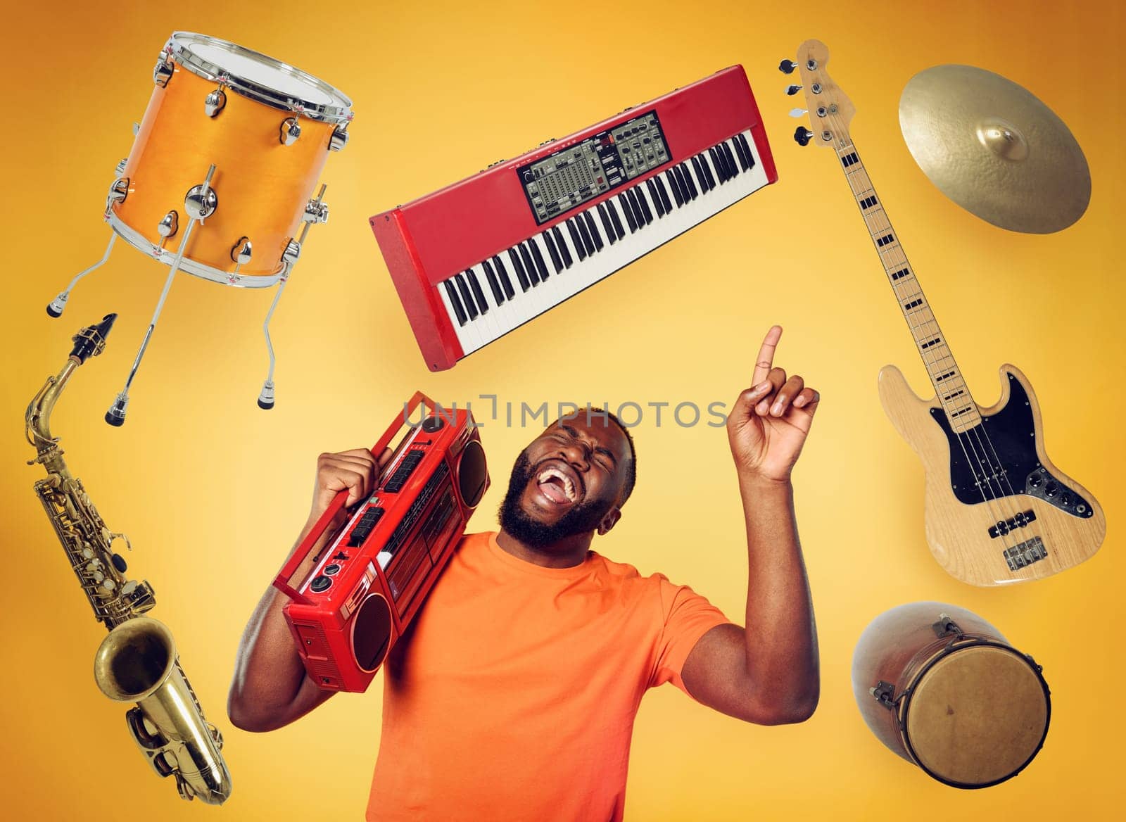 Boy ears the music with an old stereo and dances. emotional and energetic expression