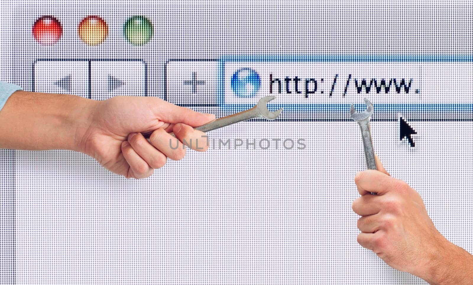 Hand with wrench over a internet web browser