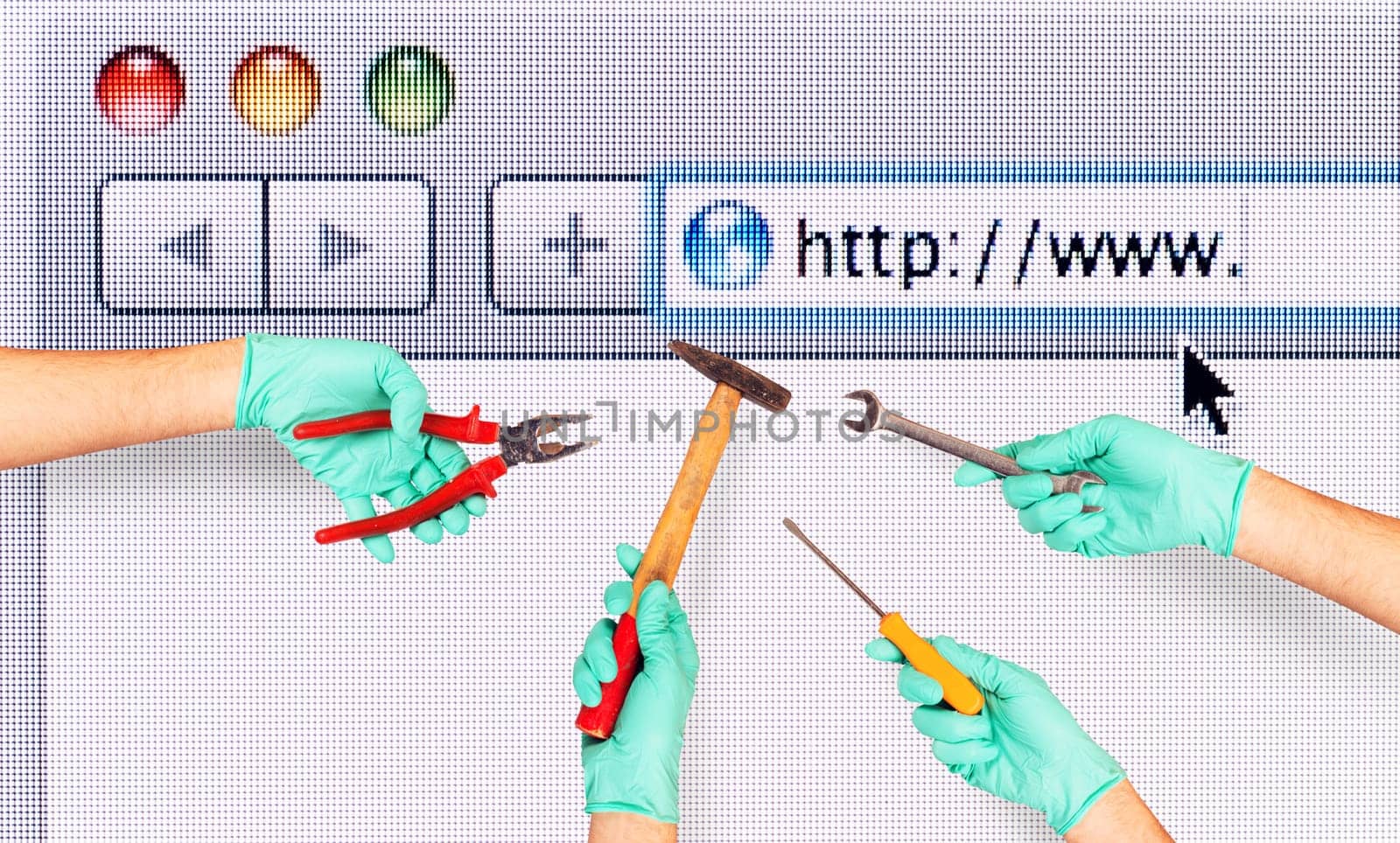 Hands with wrench and other wrench over a internet web browser.