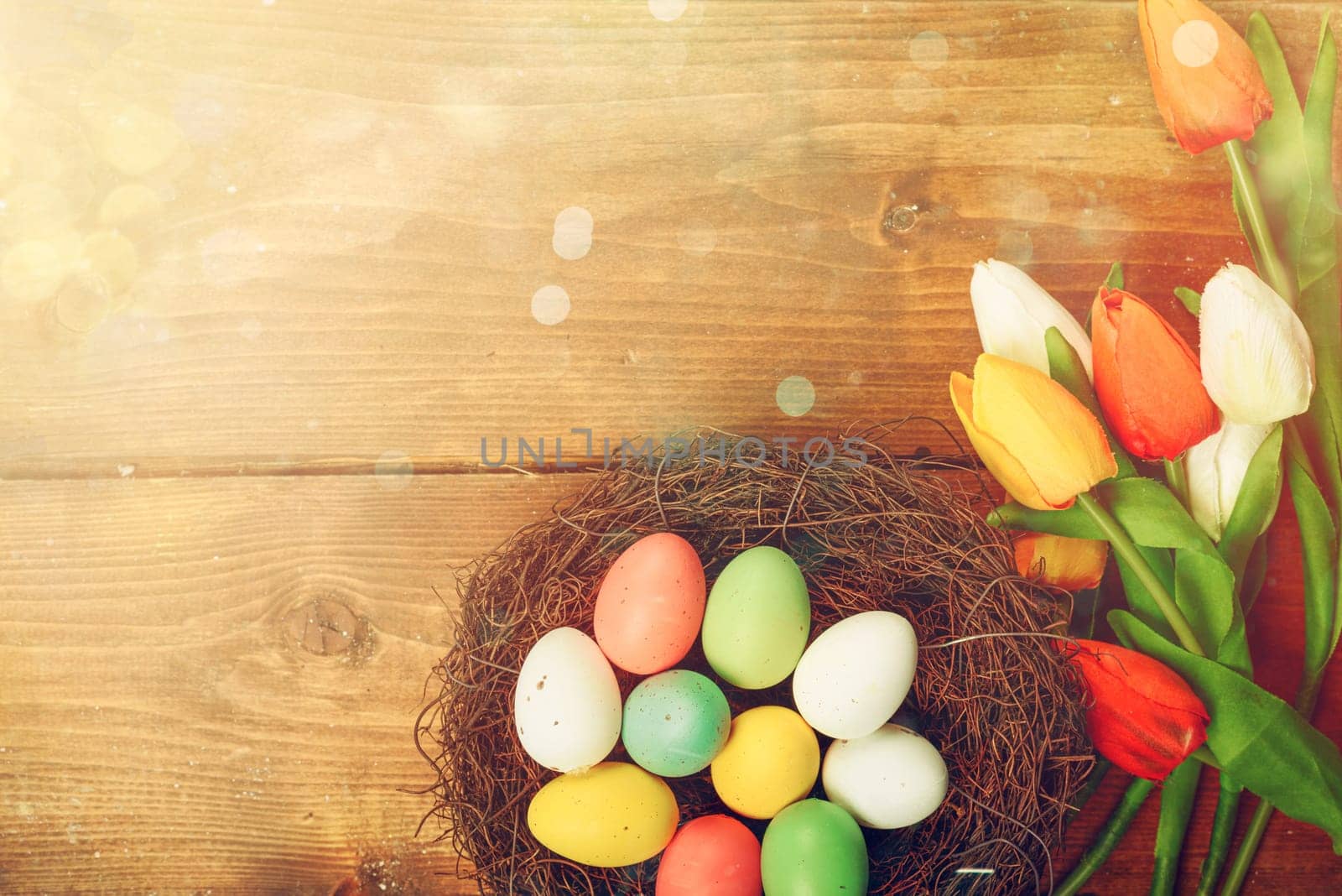 Easter decorations with tulip flower and eggs