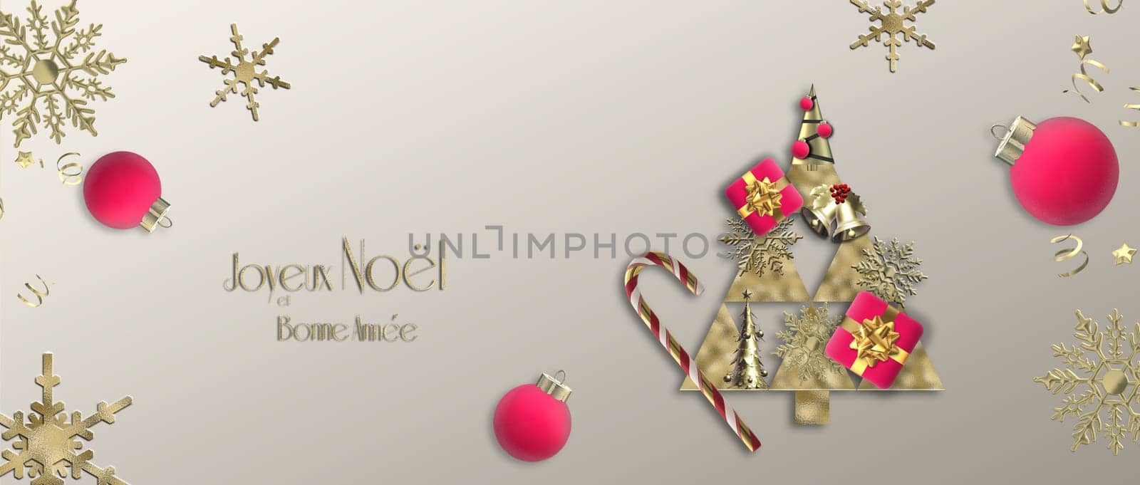 Christmas wishes in French. 2022 Christmas New Year template, frame, business corporate party card. Text Merry Christmas Happy New Year in French language Joyeux Noel et Bonne Annee. 3D render, above