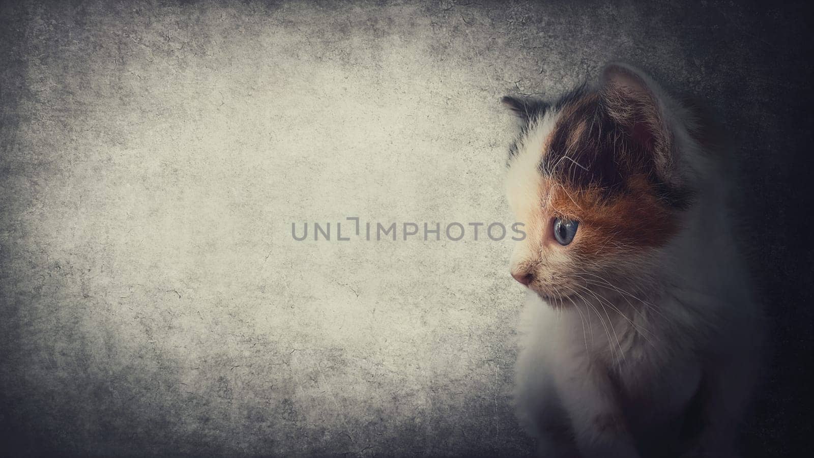 Side view close up portrait of an adorable kitten looking curious, isolated on a gray wall background with copy space for advertising. Cute little cat, striped brown and grey fur. Lovely fluffy pet