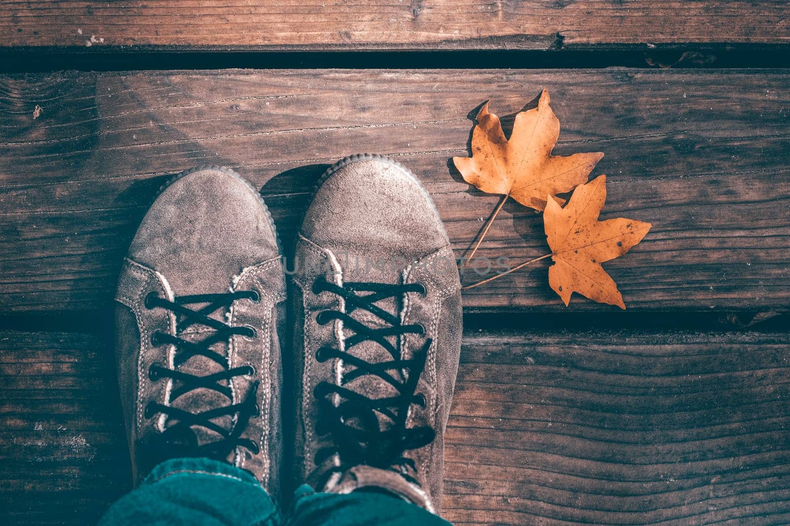Autumn background of woman shoes over wooden background with autumn leaves.