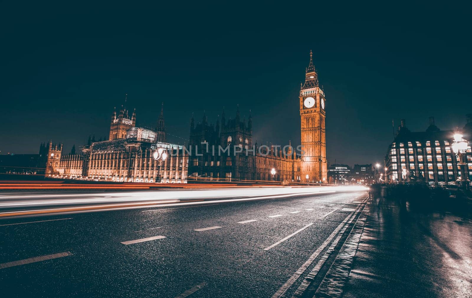 Big Ben and Westminster Bridge with traffic at rush hour, London, United Kingdom