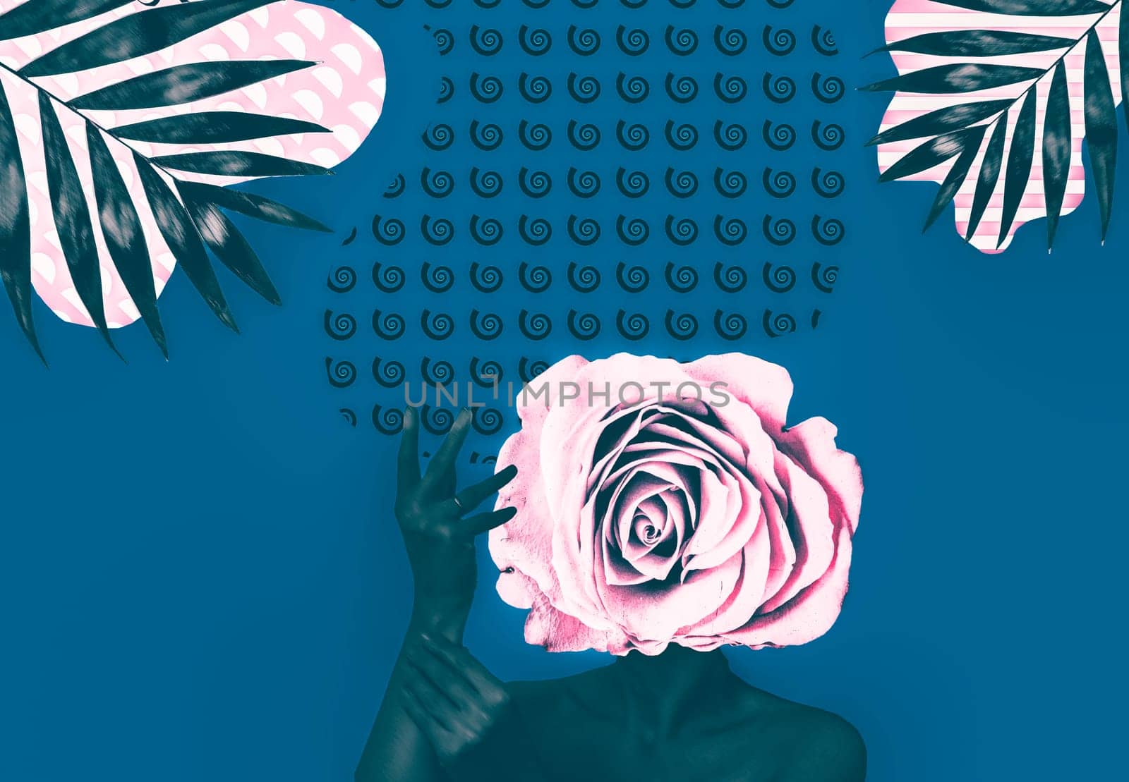 Contemporary art collage. Minimal design fashion concept. Lady with rose head and floral designes.