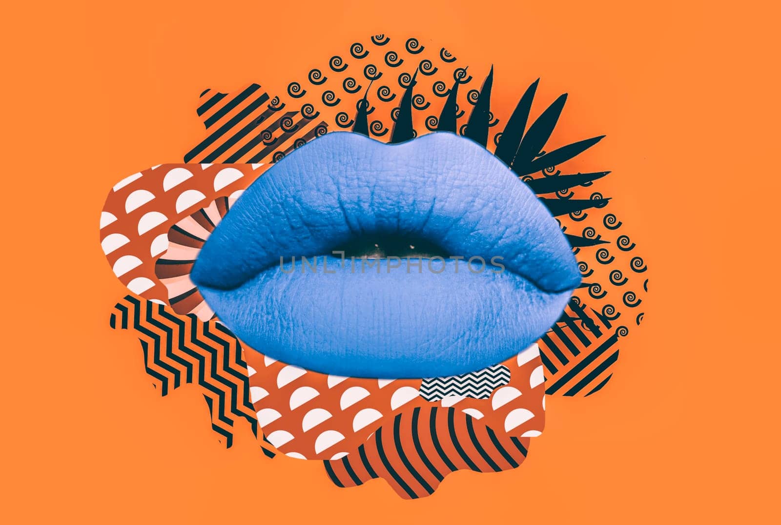 Contemporary art collage combining woman lips with retro abstract shapes and patterns