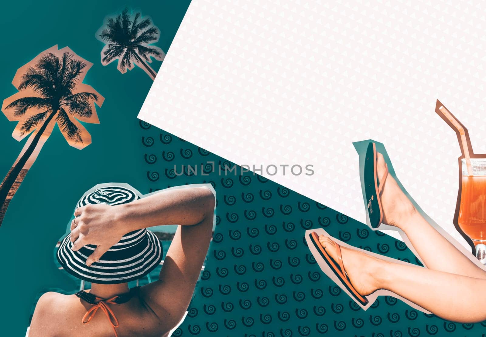 Contemporary art collage. Summer tropical vacation vibes. Zine culture concept.