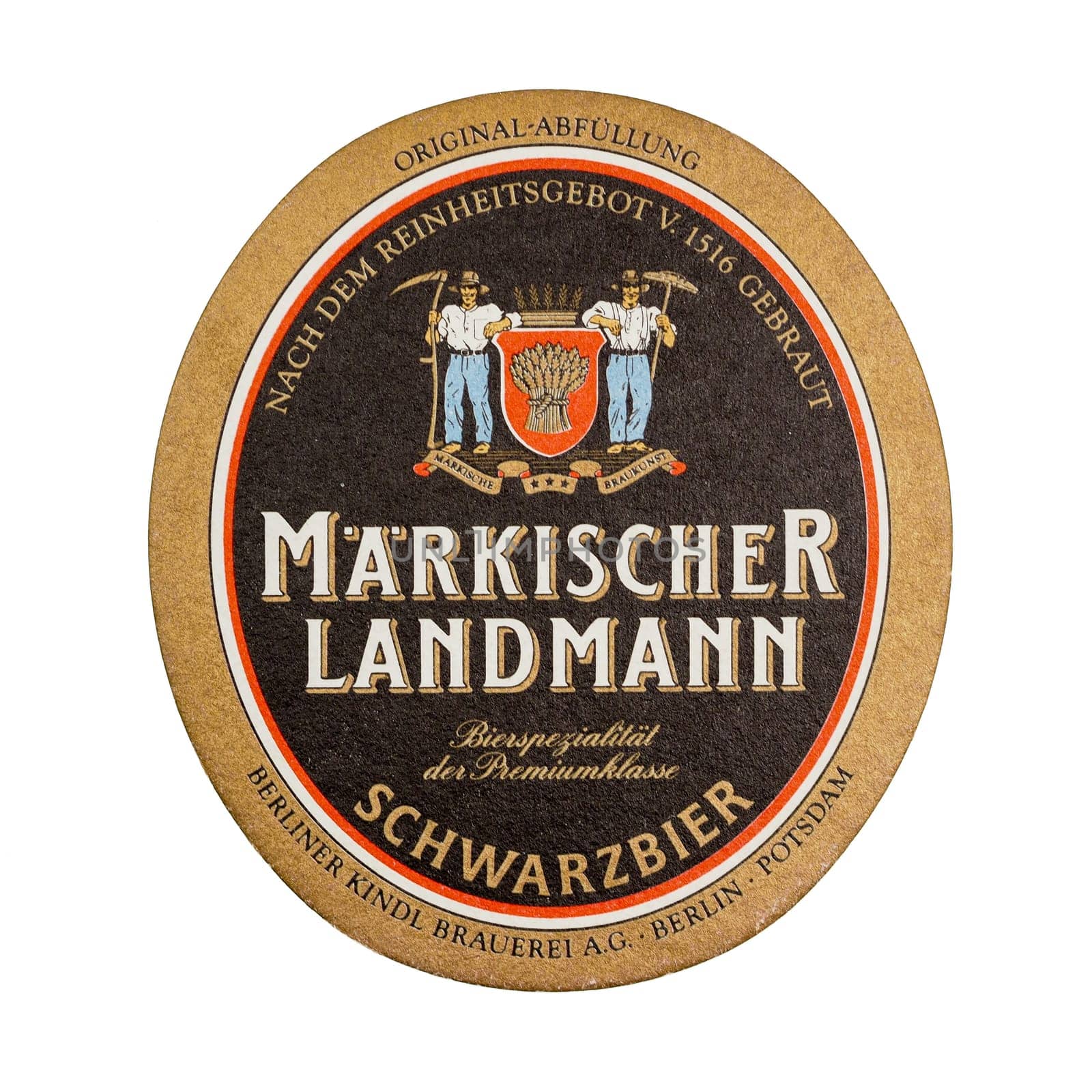 BERLIN, GERMANY - MARCH 15, 2015: Beermat of German beer Maerkischer Landmann isolated over white background