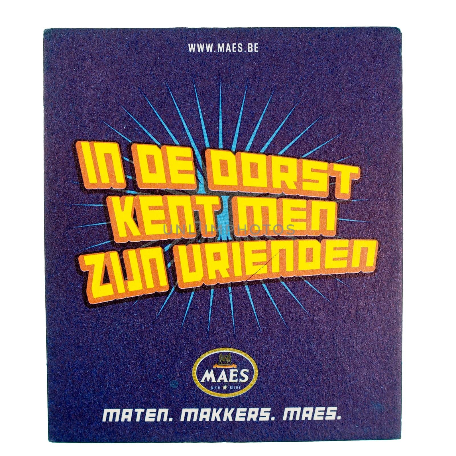 BRUSSELS, BELGIUM - MARCH 15, 2015: Beermat of Belgian beer Maes isolated over white background