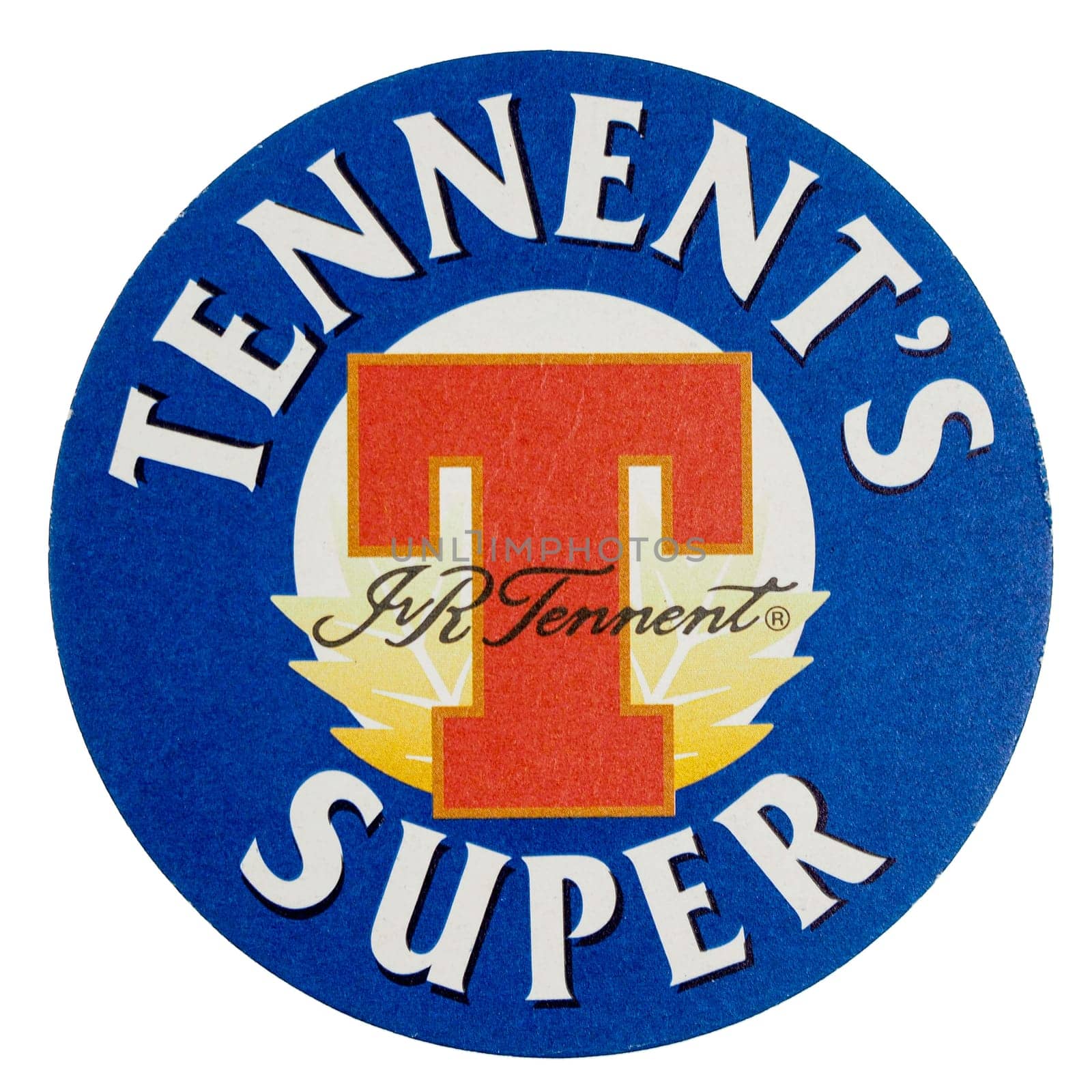 LONDON, UK - MARCH 15, 2015: Beermat of British beer Tennents Super isolated over white background