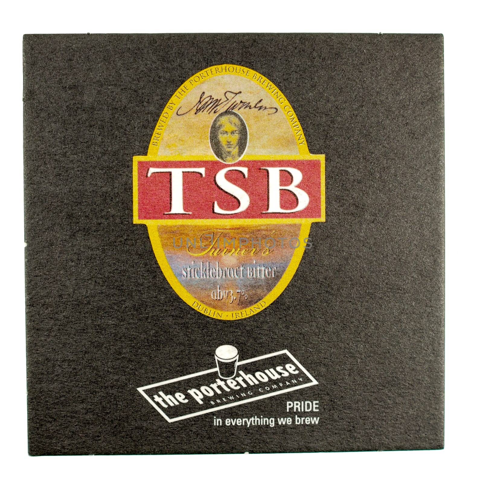 DUBLIN, IRELAND - MARCH 15, 2015: Beermat of Irish beer Porterhouse isolated over white background