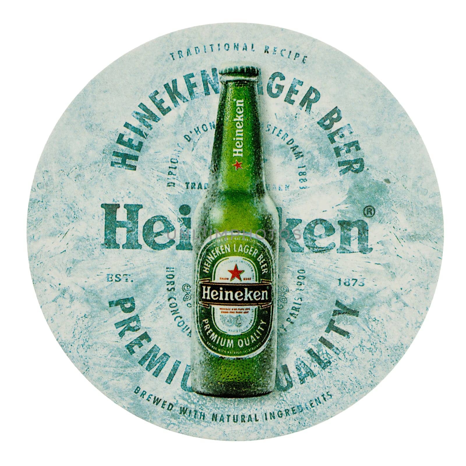 AMSTERDAM, NETHERLANDS - MARCH 15, 2015: Beermat of Dutch beer Heineken isolated over white background