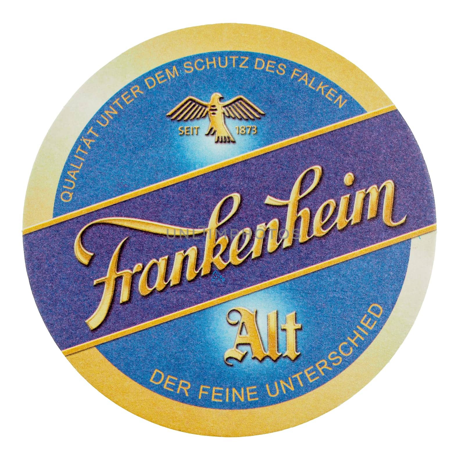 BERLIN, GERMANY - MARCH 15, 2015: Beermat of German beer Frankenheim Alt isolated over white background