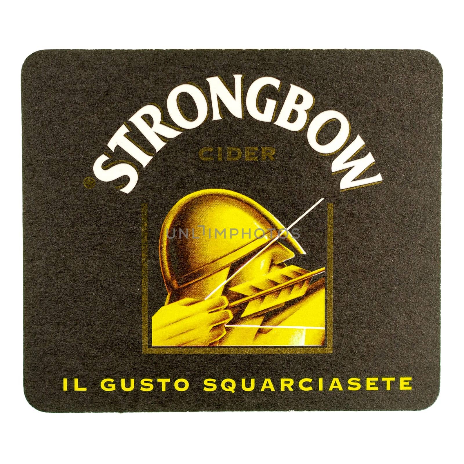MILAN, ITALY - MARCH 15, 2015: Beermat of Strongbow cider isolated over white background
