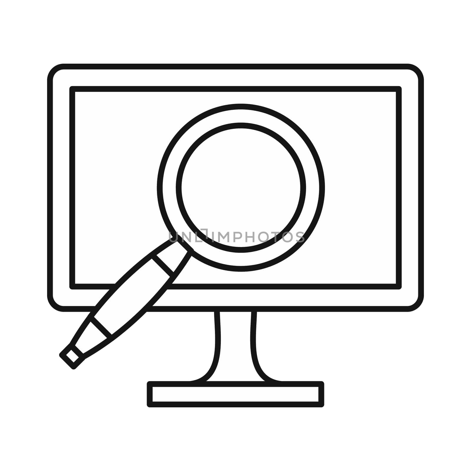 Computer monitor magnifying glass icon in outline style isolated on white background