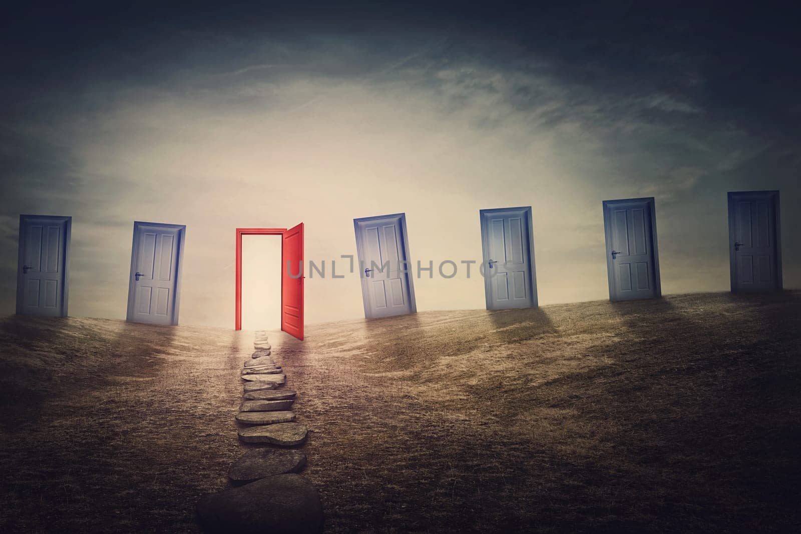 Decisive choice concept. Choose the right door for future success. Mysterious and surreal scene with multiple doorways in an open meadow and a pathway leading to a red gateway. Great life opportunity