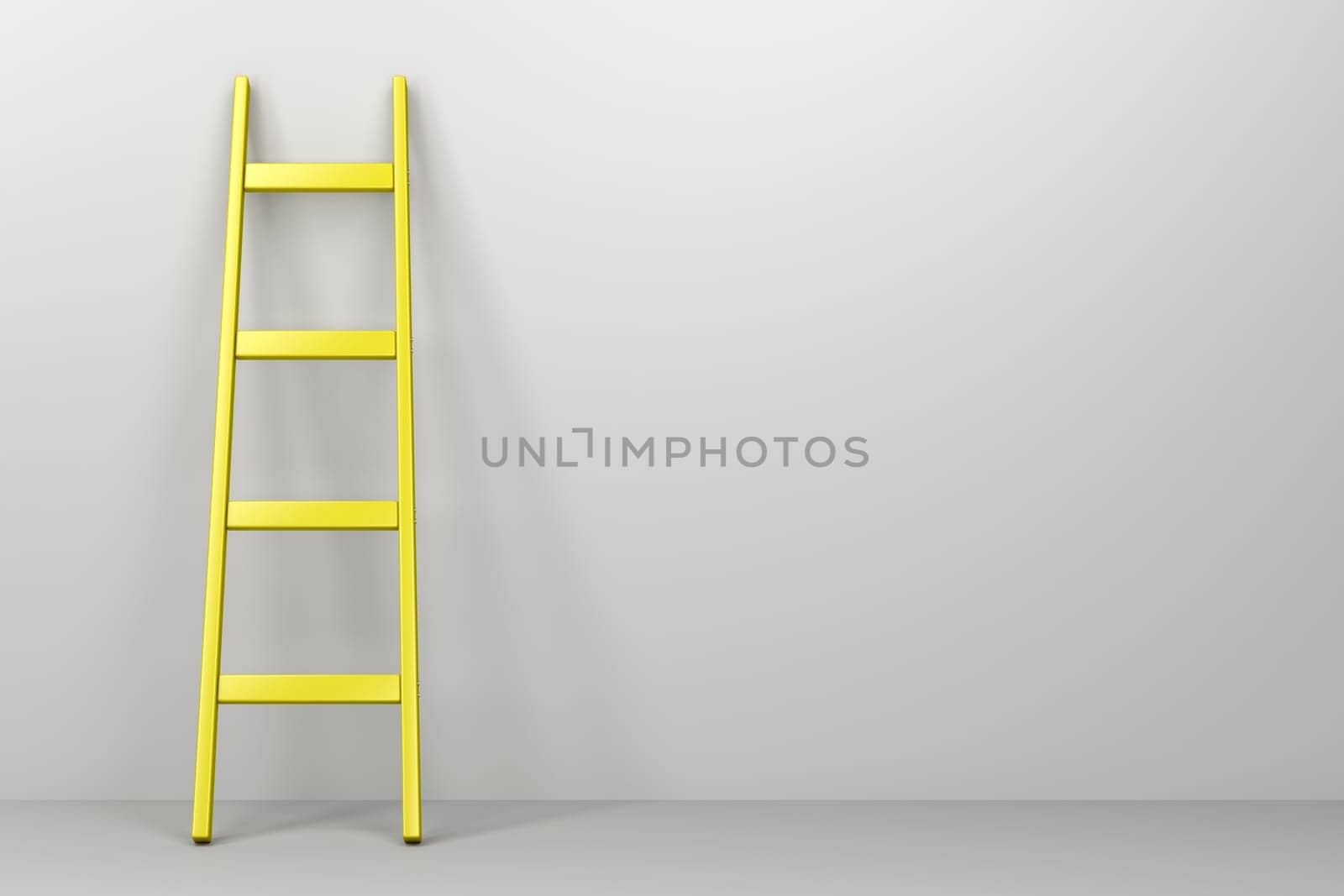 Yellow ladder leaning against the gray wall, front view
