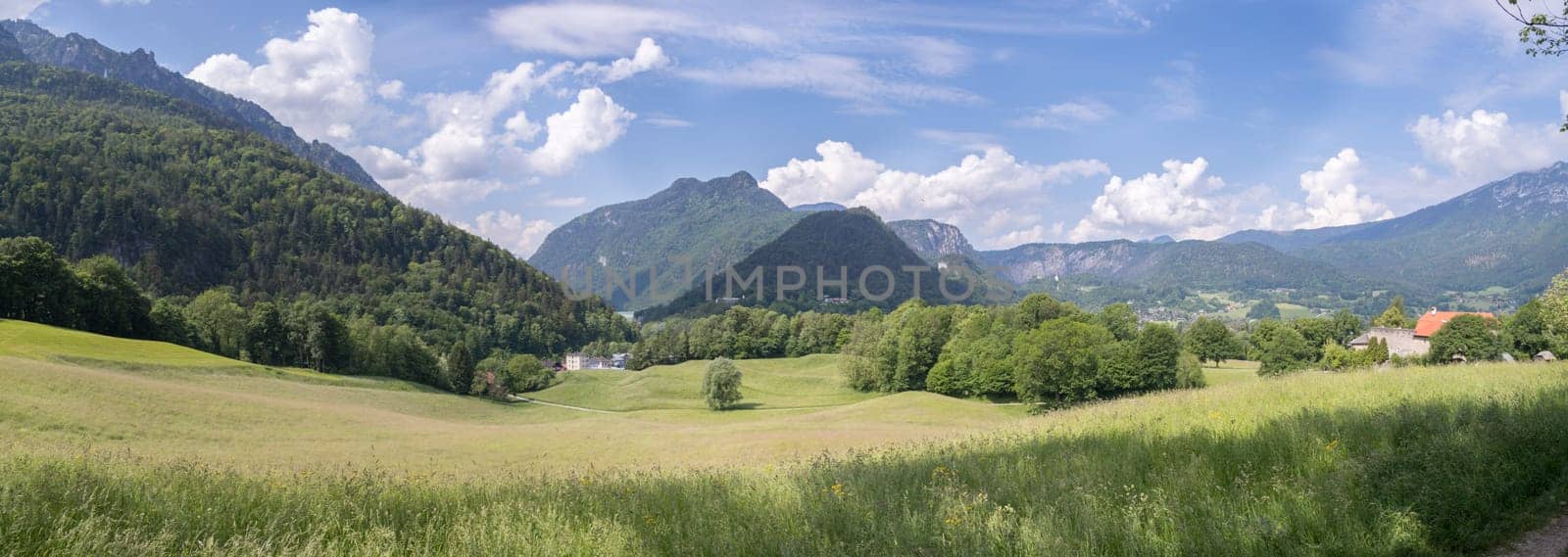 Panorama of mountains, sky and meadow in Bavaria near Bad Reichenhall, Germany
