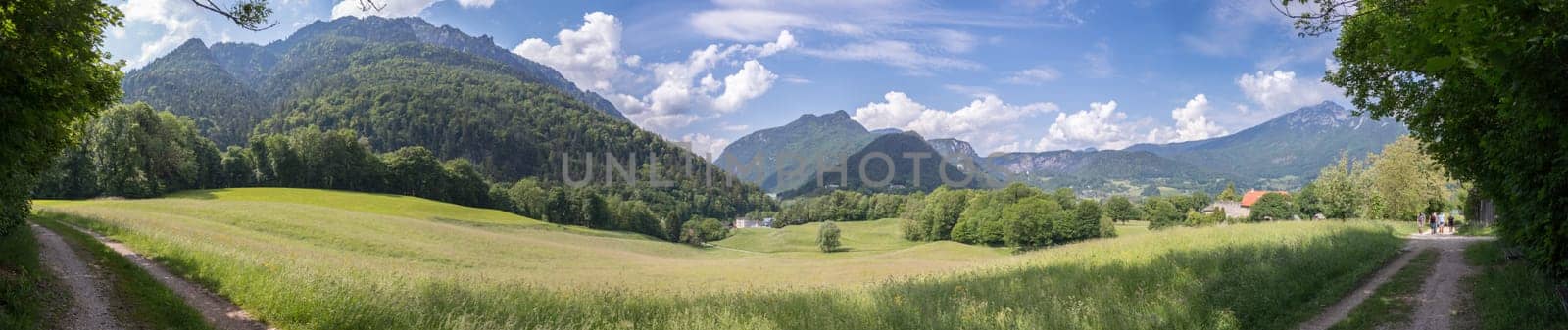 Panorama of mountains, sky and meadow in Bavaria near Bad Reichenhall, Germany