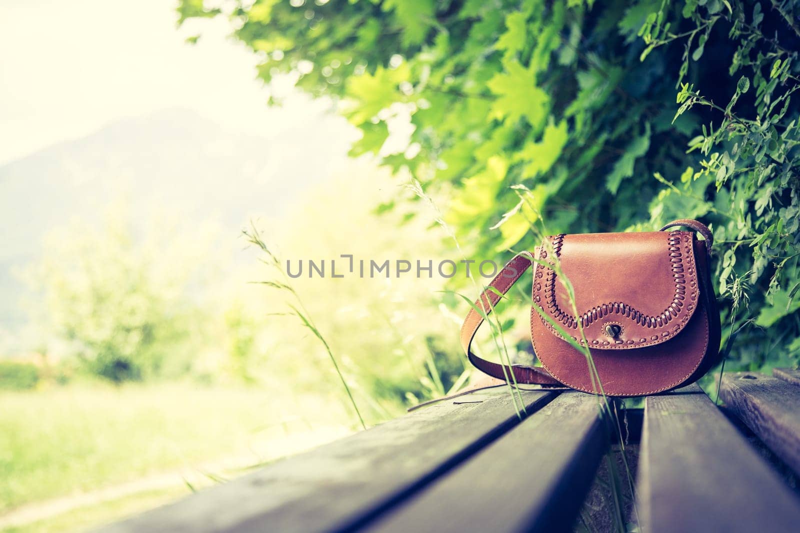 Leather hand bag lies on a wooden park bench, summer time, nobody