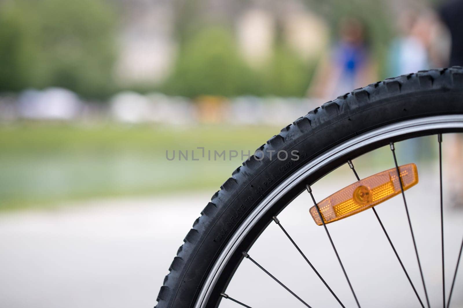 Close up picture of a mountain bike tyre, summer day