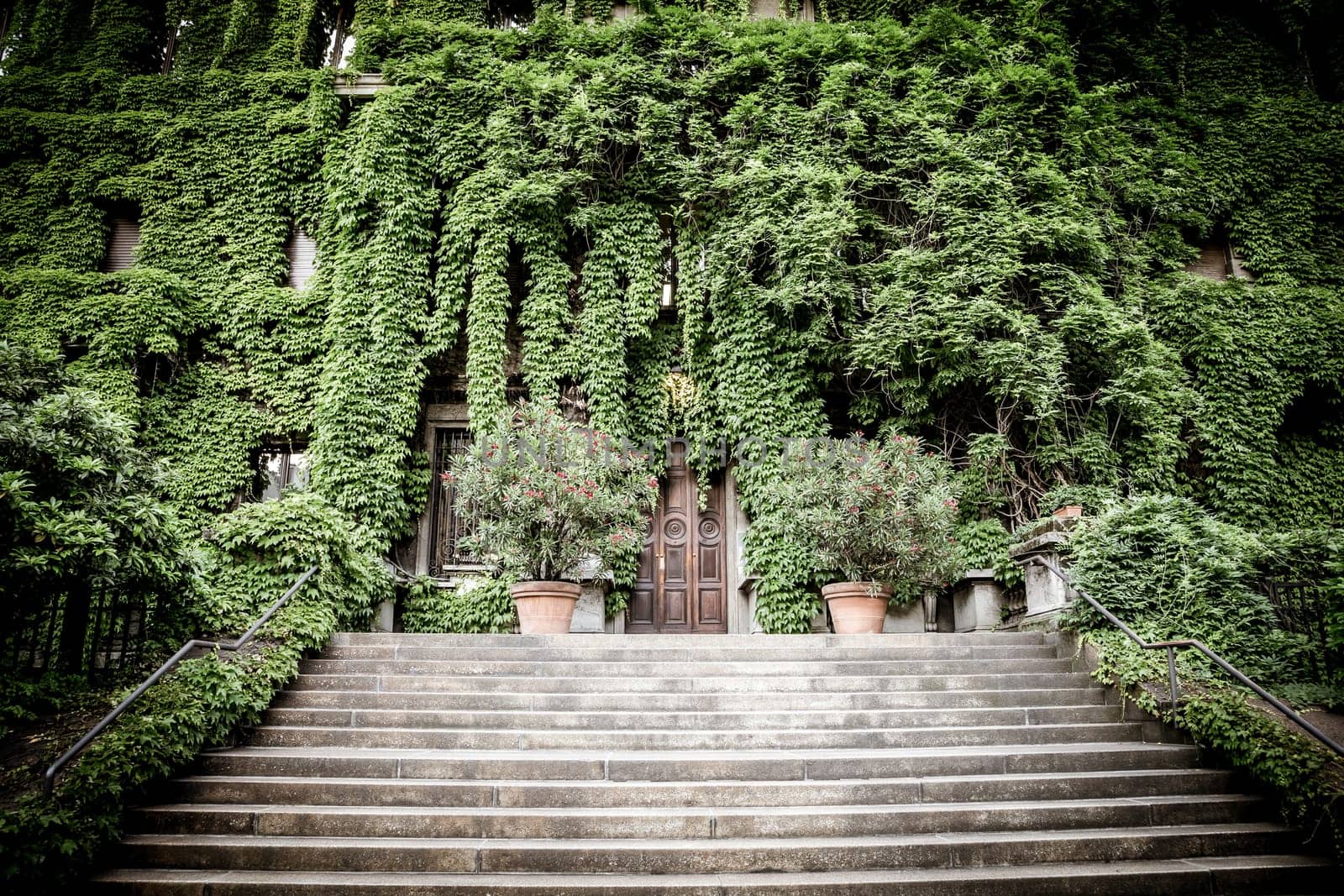 MILAN, ITALY - CIRCA AUGUST 2020 - Integration of nature and real estate on this old Italian building