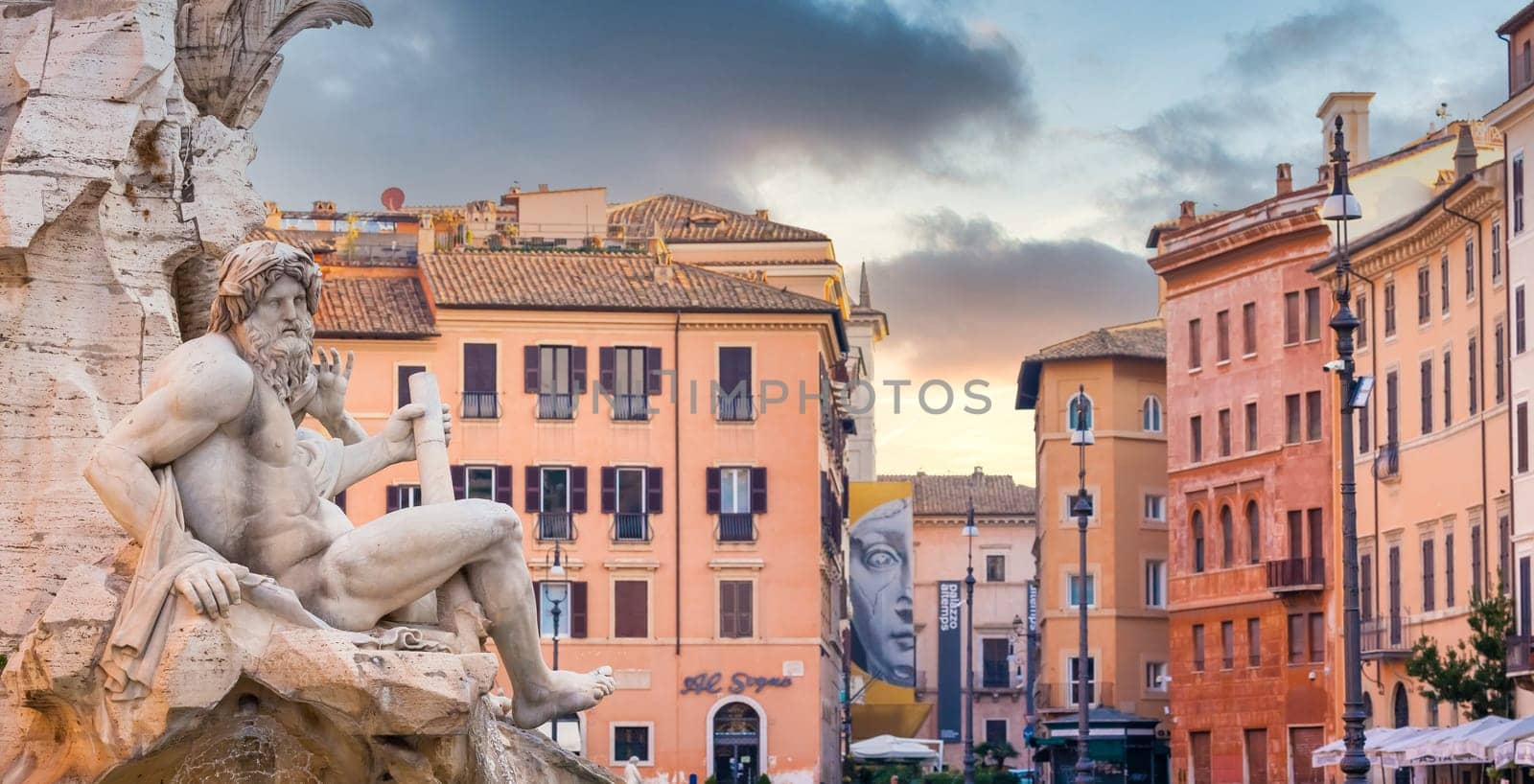 ROME, ITALY - CIRCA AUGUST 2020: - detail of Piazza Navona (Navona's Square) Bernini fountain,  one of the most famous sightseeing of the city.