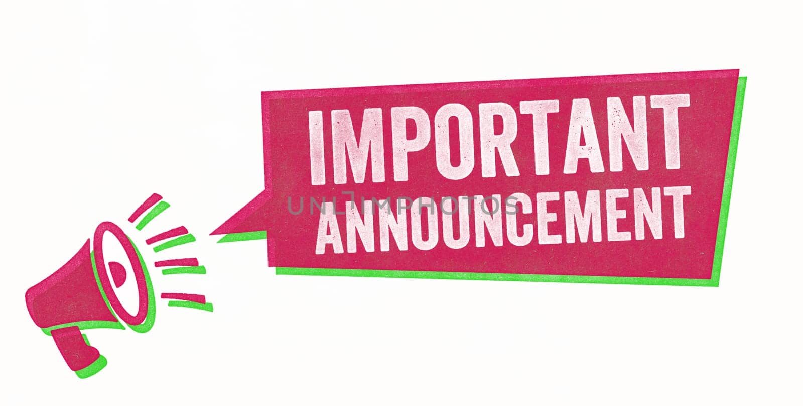Stamp with a megaphone and a speech bubble - Important announcement