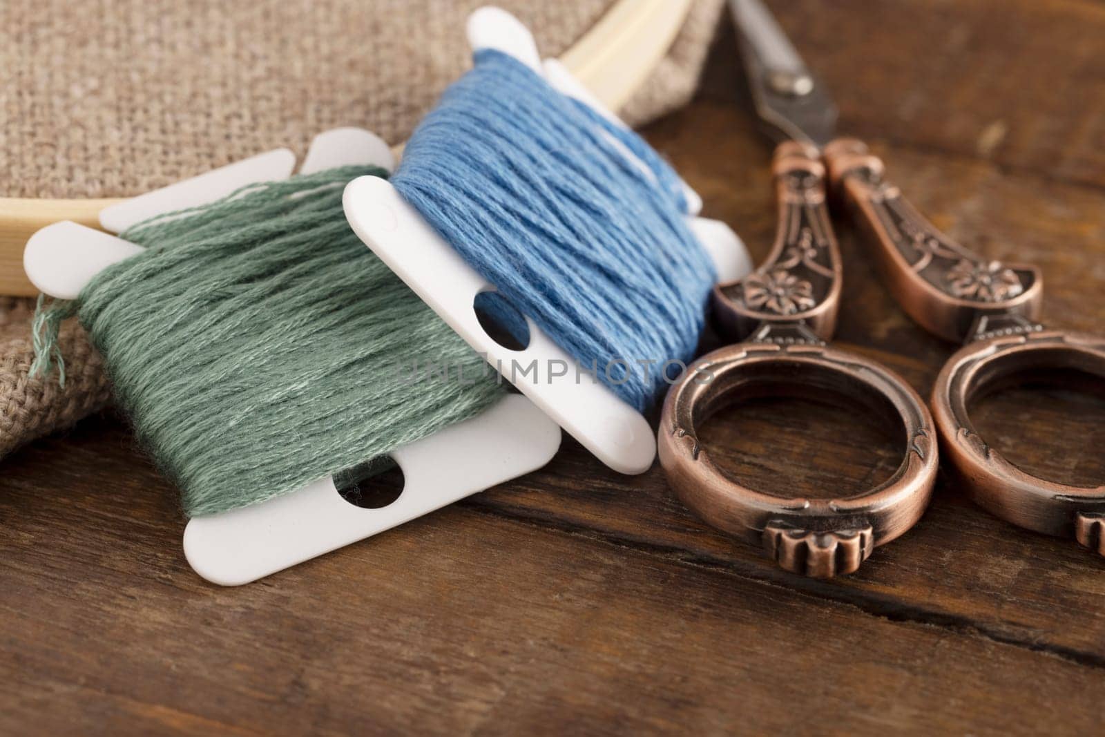 Colorful cotton embroidery floss with vintage style scissors.