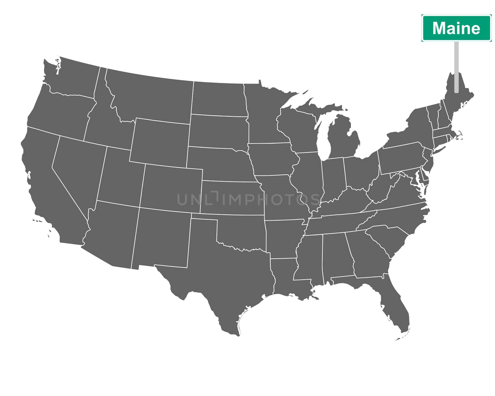 Maine state limit sign and map of USA