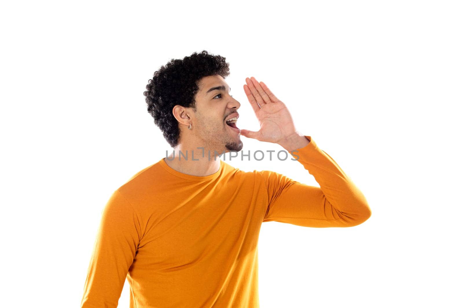 Cute african american man with afro hairstyle wearing a orange T-shirt isolated on a white background