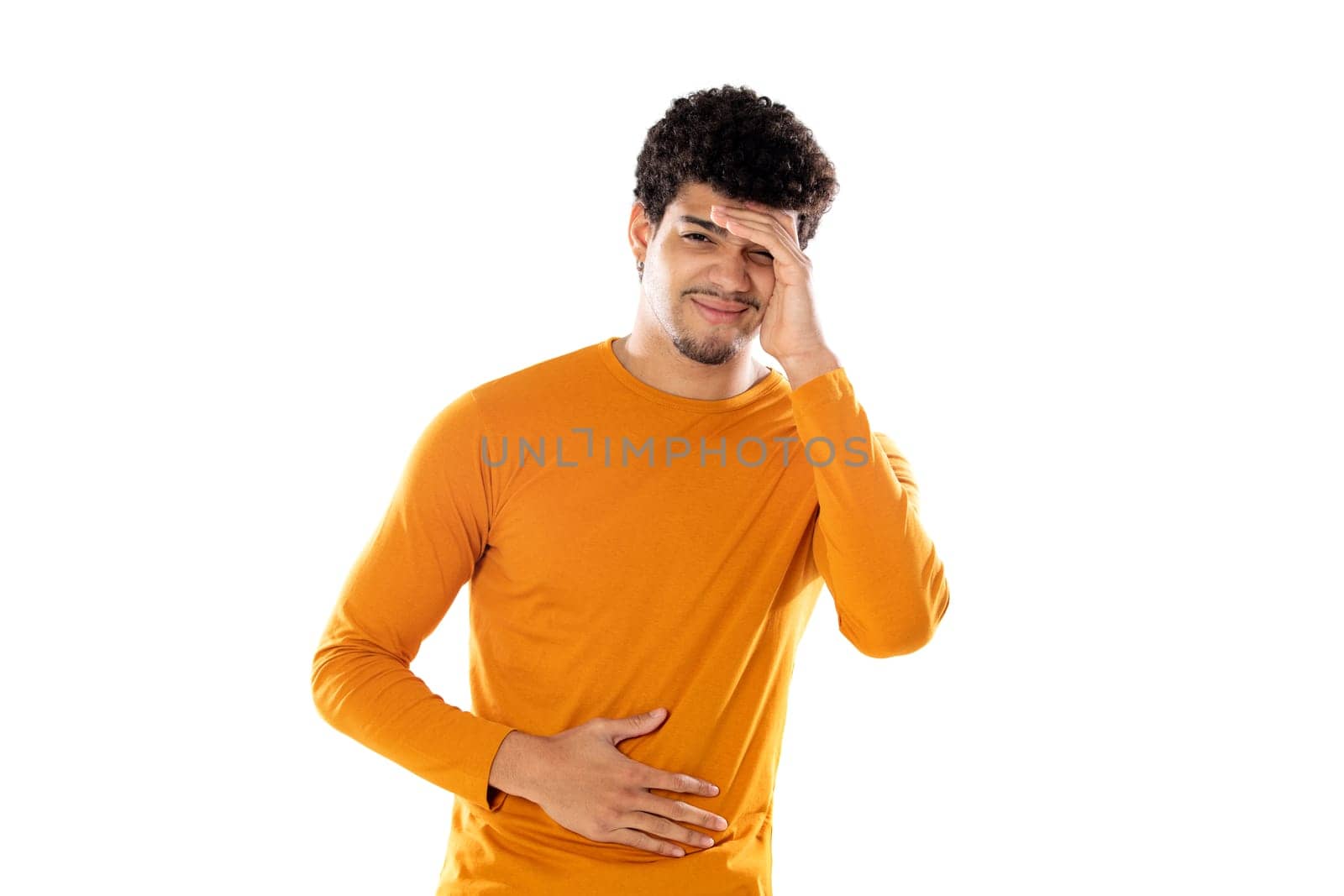 Cute african american man with afro hairstyle wearing a orange T-shirt isolated on a white background