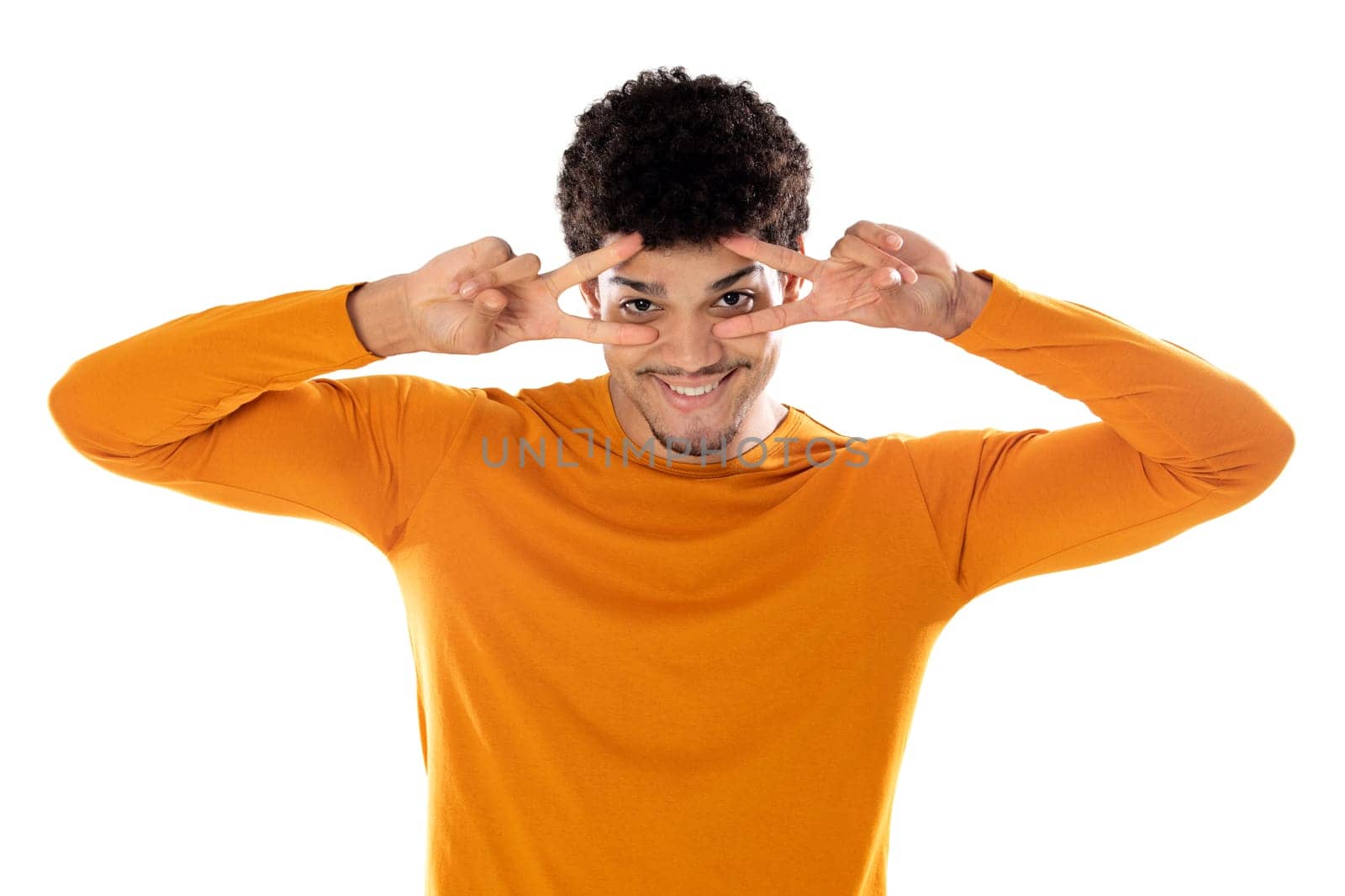 Cute african american man with afro hairstyle wearing a orange T-shirt isolated on a white background