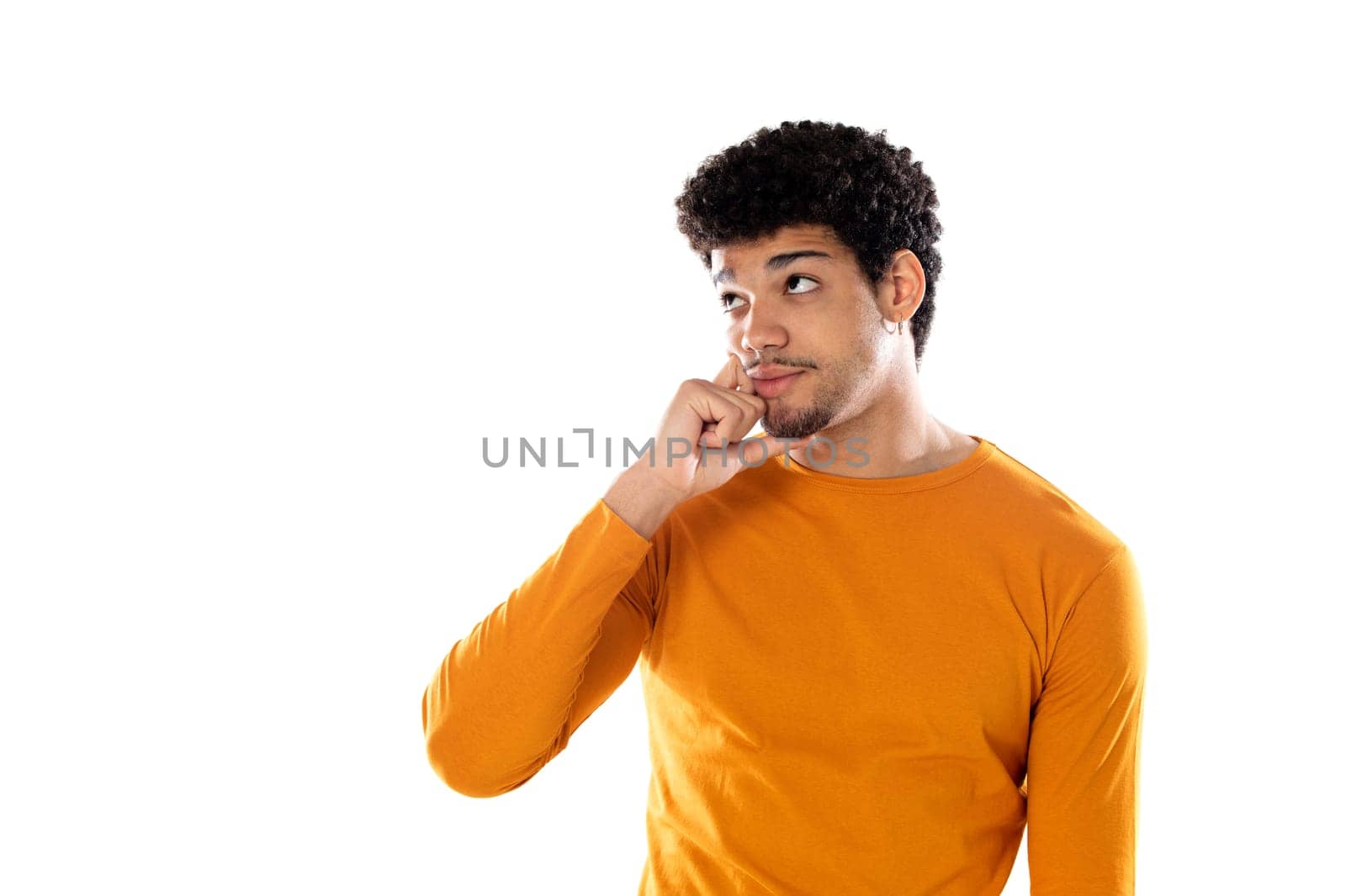 Young black afro man thinking, feeling doubtful and confused, with different options, wondering which decision to make isolated on a white background