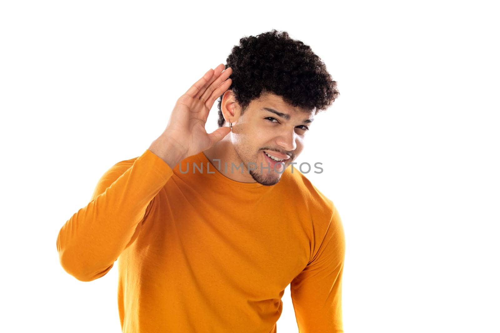 Cute african american man with afro hairstyle wearing a orange T-shirt isolated on a white background