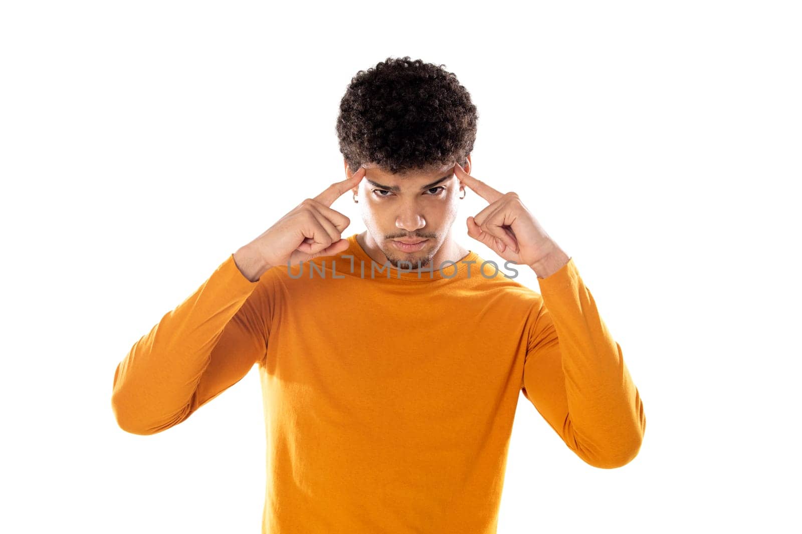Cute african american man with afro hairstyle wearing a orange T-shirt isolated on a white background