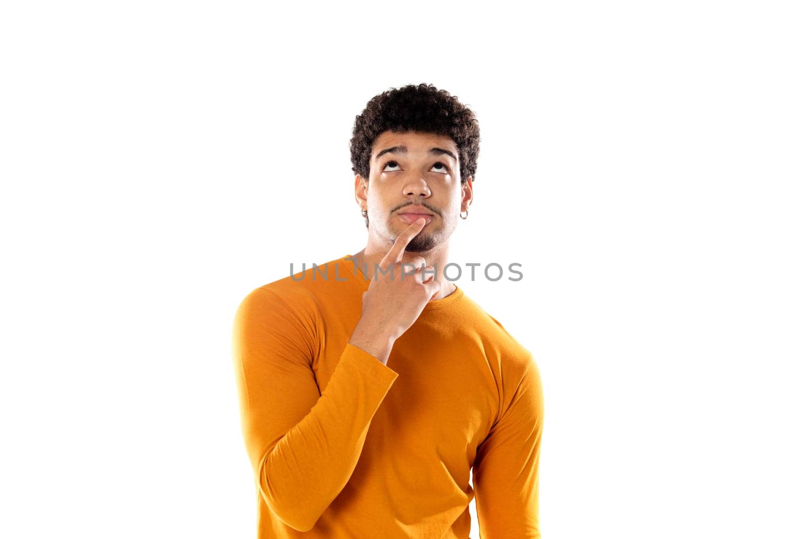 Young black afro man thinking, feeling doubtful and confused, with different options, wondering which decision to make isolated on a white background