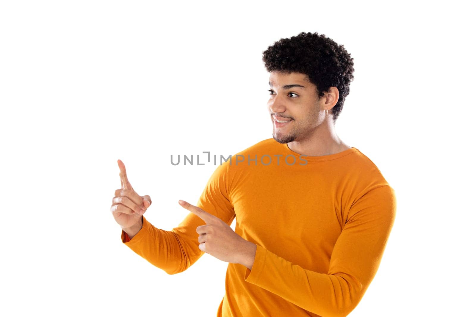 Cute african american man with afro hairstyle wearing a orange T-shirt isolated on a white background
