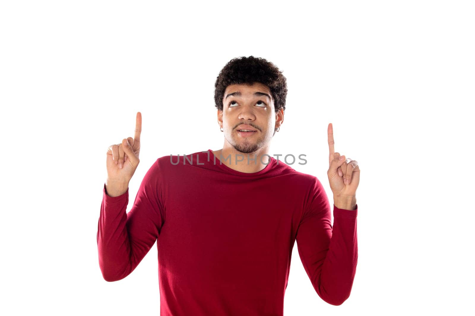 Cute african american man with afro hairstyle wearing a burgundy T-shirt isolated on a white background