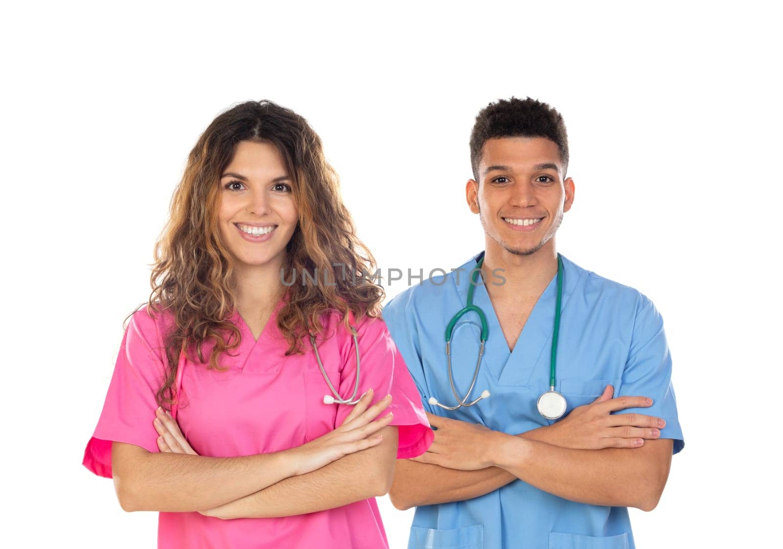 Medical professionals with colorful uniforms isolated on a white background