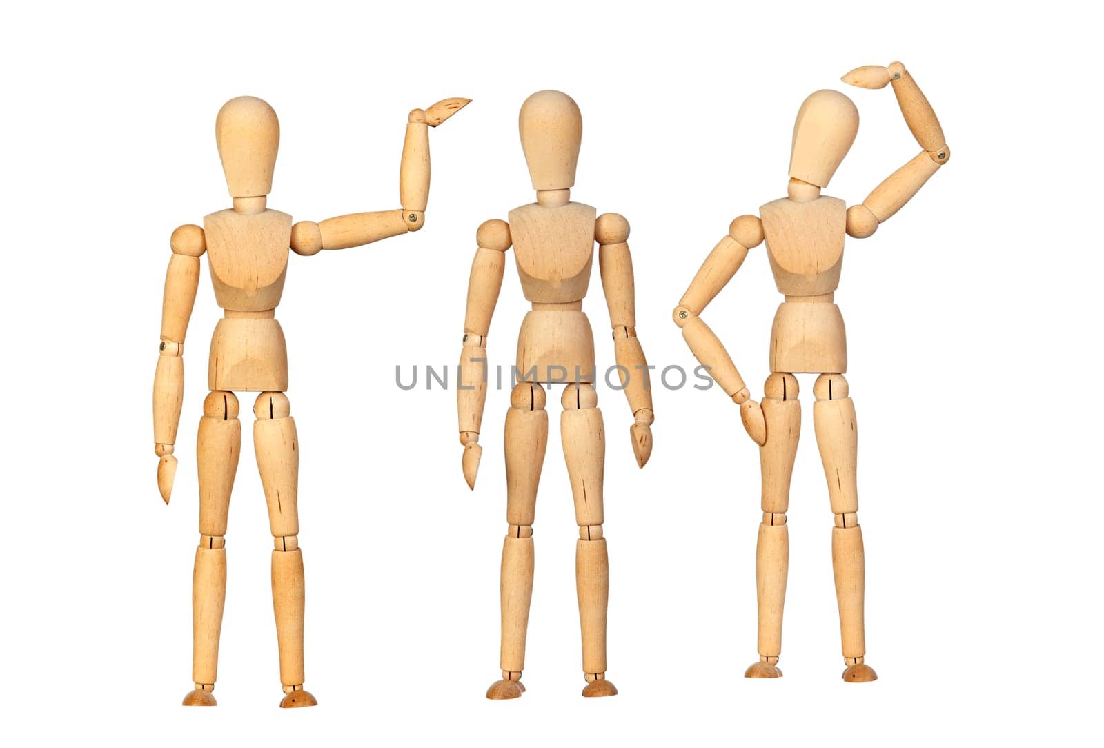 Many wooden mannequin doing differents gestures isolated on a white background