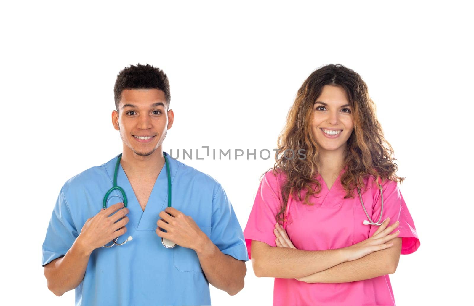 Medical professionals with colorful uniforms isolated on a white background
